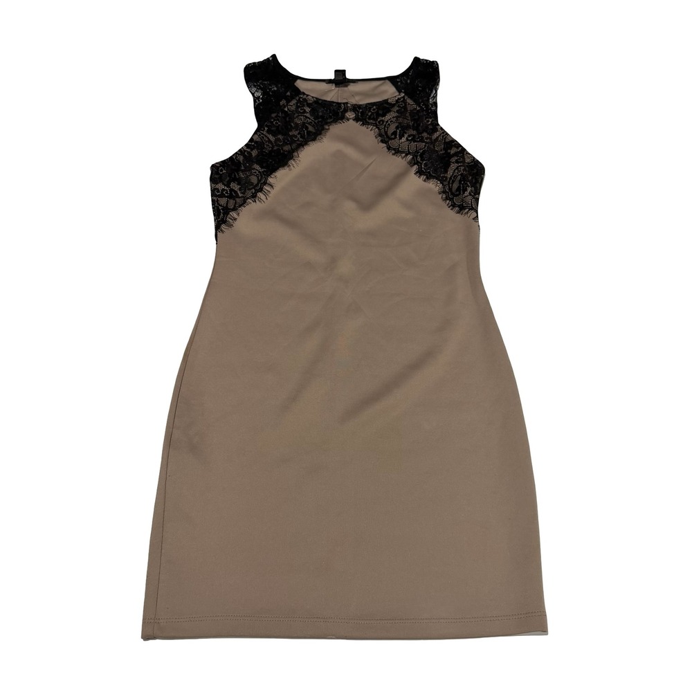 Forever 21 Womens Tan Bodycon Dress Black Eyelash Lace Trim Sleeveless Medium